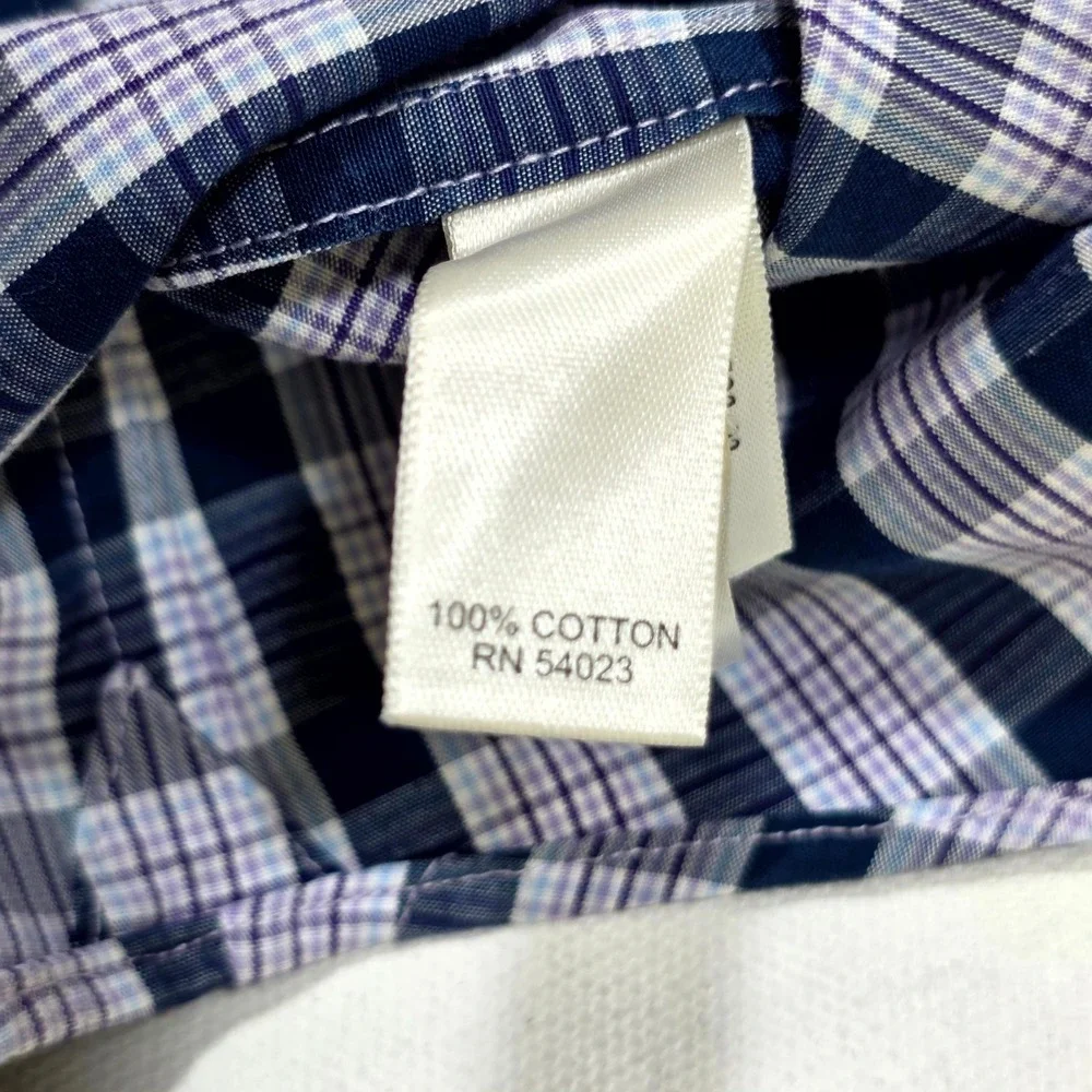 Banana Republic Button Down Mens L Navy Purple Plaid Non-Iron Slim Fit Shirt